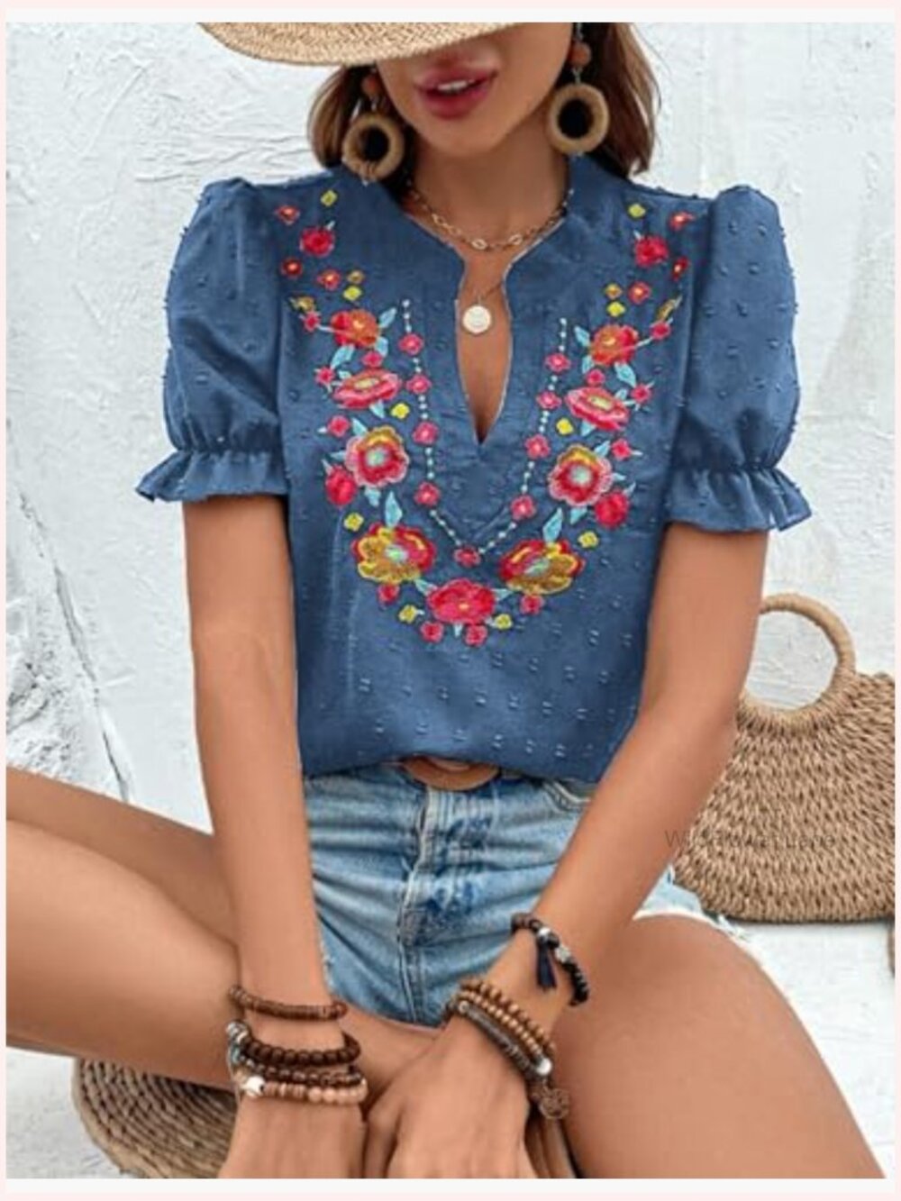 Women's V Neck Puff Sleeve Embroidered Blouse Summer - Picture 5 of 7